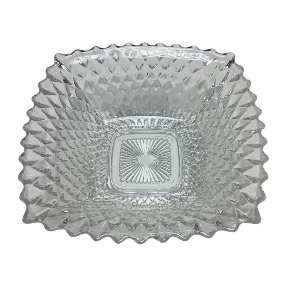 Indiana Clear Glass Diamond Quilt Square Candy Dish Nut Snack Bowl Vintage